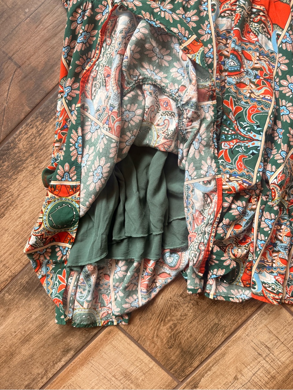 Green Floral Print Mini Dress with Orange Accents - Picture 7 of 9